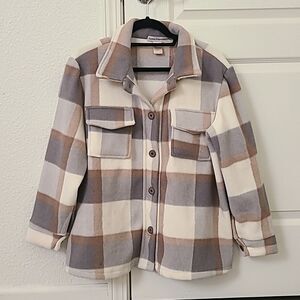 Cotton Emporium Plaid Tan Cream gray Shacket Shirt Wool Blend Women's Size small